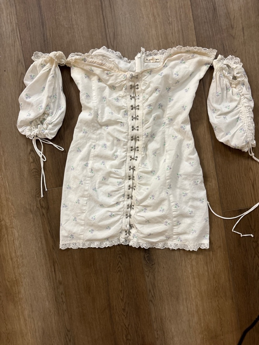 For Love & Lemons Cream Off-Shoulder Mini Dress with Pale Blue Floral Embroidery